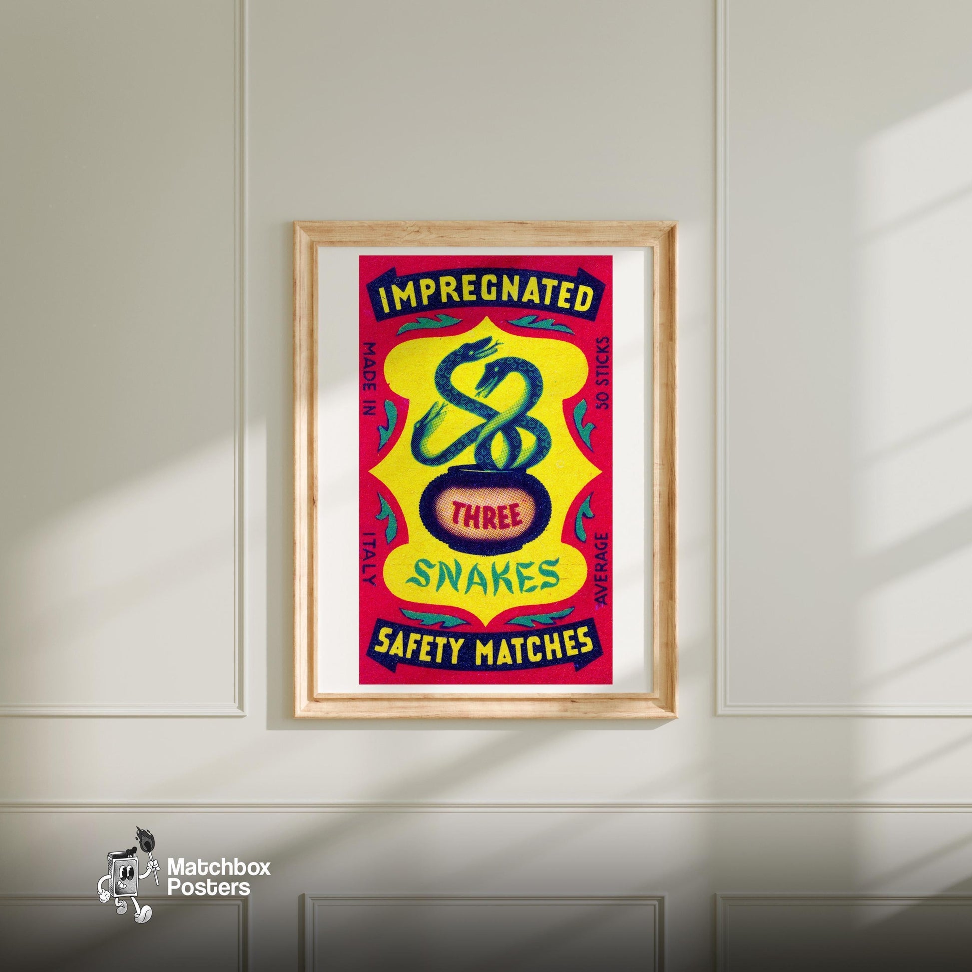 Three Snakes - vintage matchbox label print - bedroom mockup