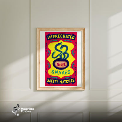 Three Snakes - vintage matchbox label print - bedroom mockup