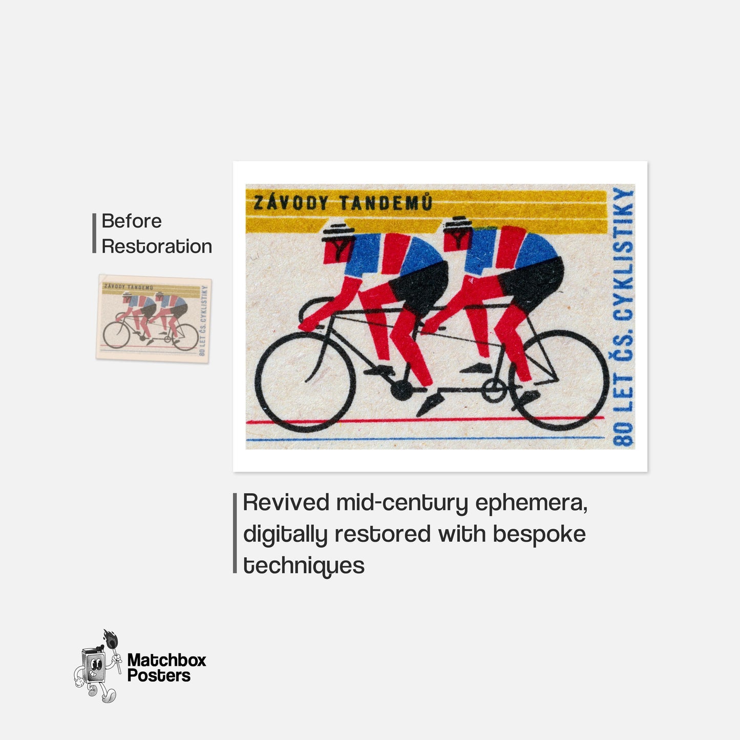 Tandem Cyclists - vintage matchbox label print - framed wall art preview