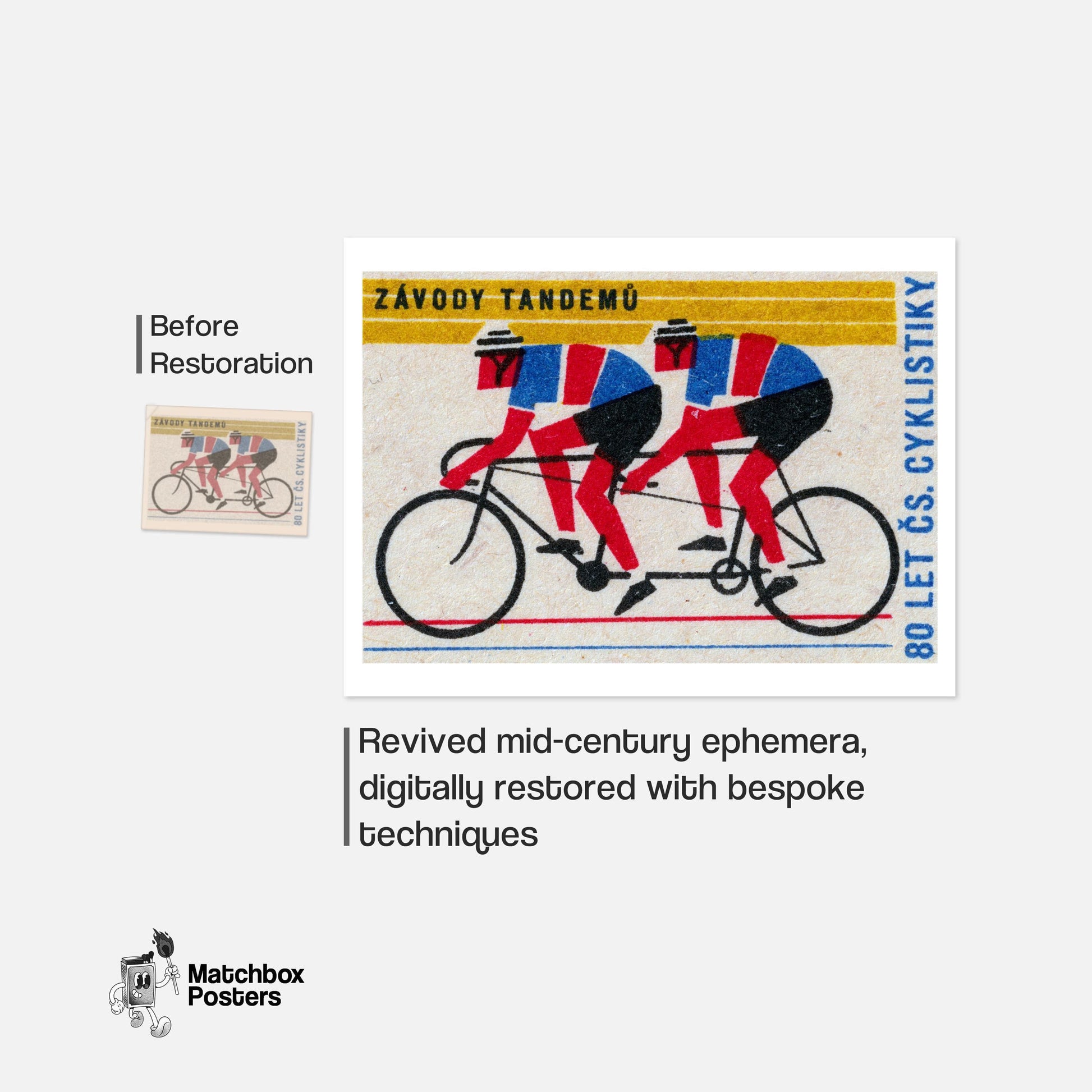 Tandem Cyclists - vintage matchbox label print - framed wall art preview