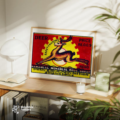 Leaping Deer - vintage matchbox label print - office wall