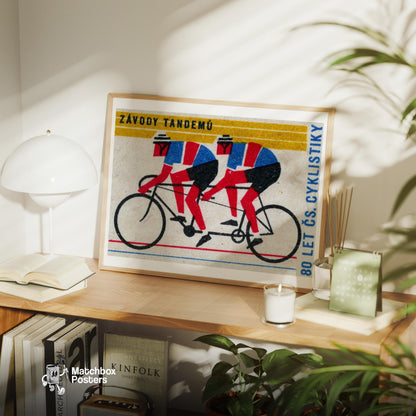 Tandem Cyclists - vintage matchbox label print - office wall