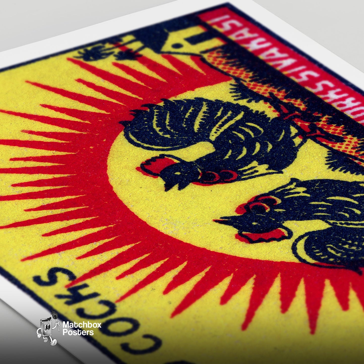 Two Roosters - vintage matchbox label print - close-up detail