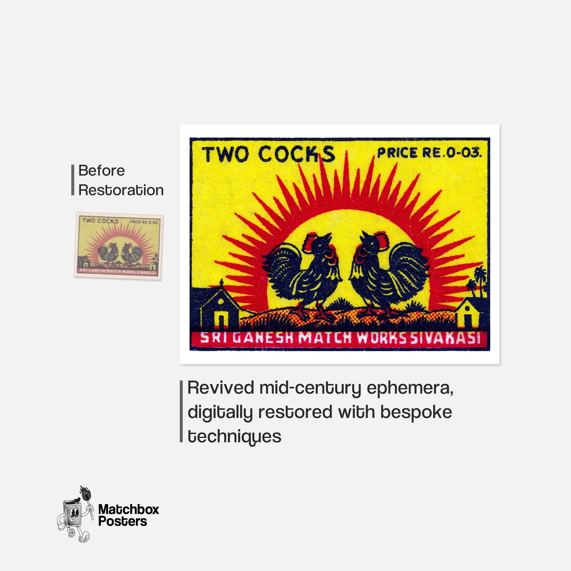 Two Roosters - vintage matchbox label print - framed wall art preview