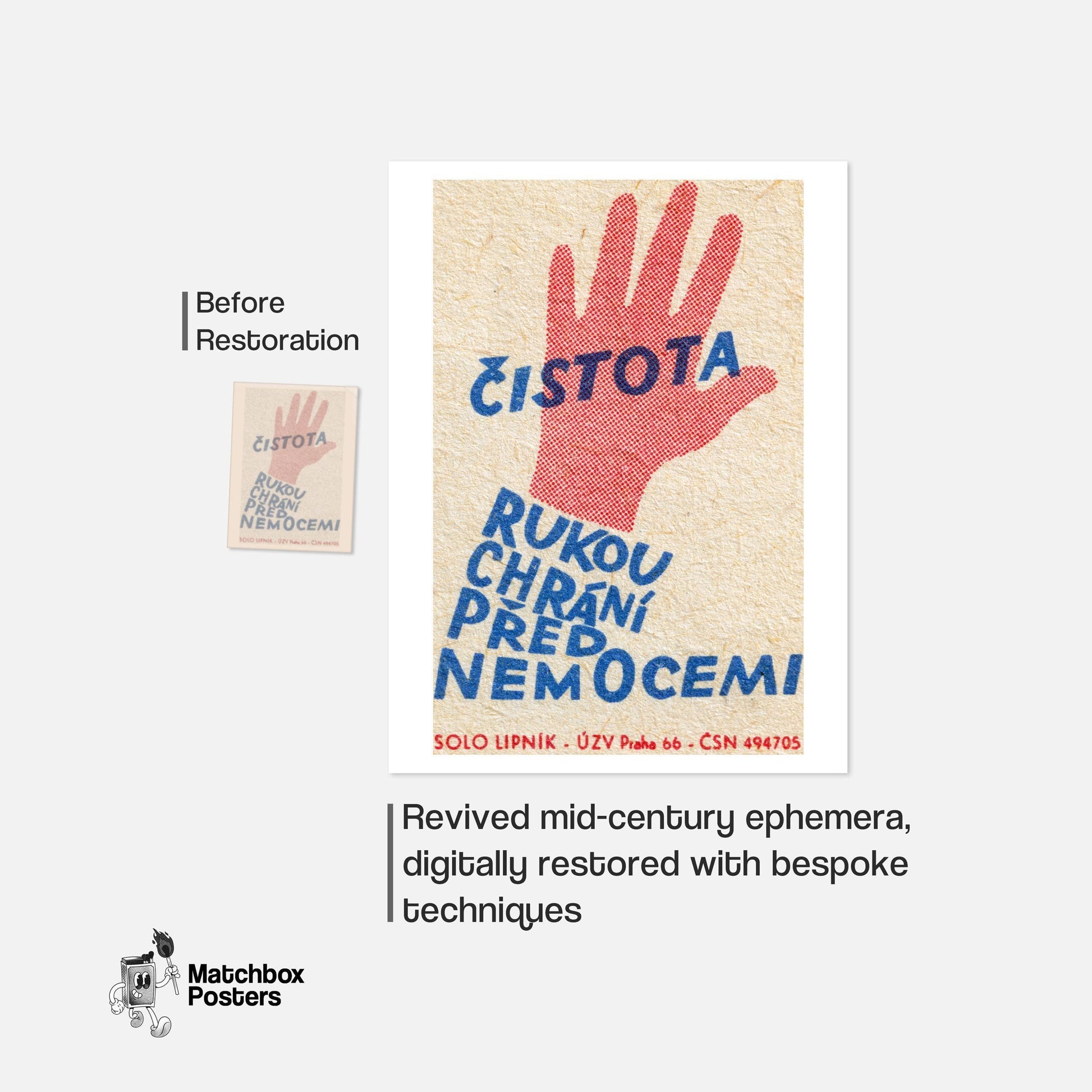 Clean Hands Prevent Disease - vintage matchbox label print - framed wall art preview