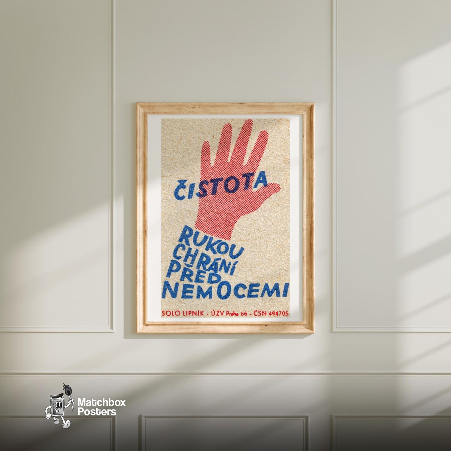 Clean Hands Prevent Disease - vintage matchbox label print - bedroom mockup