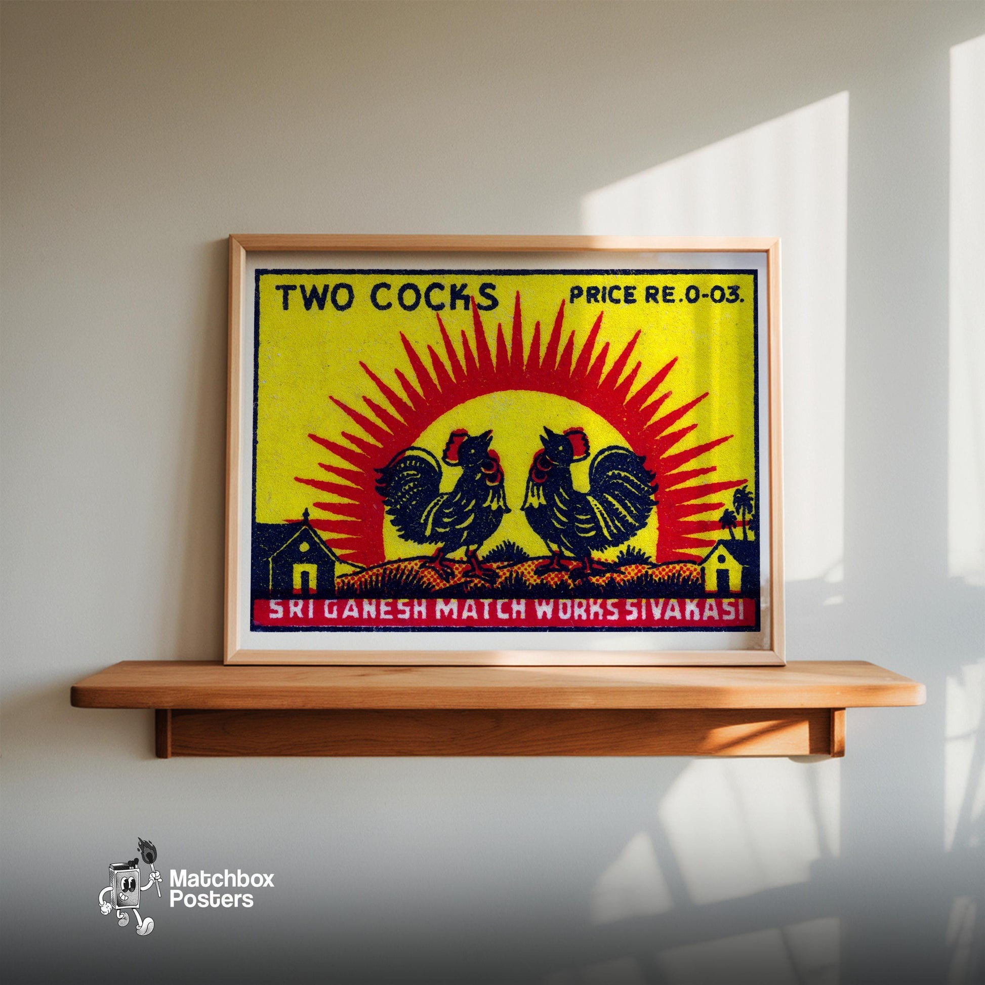 Two Roosters - vintage matchbox label print - size comparison