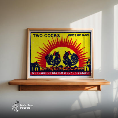 Two Roosters - vintage matchbox label print - size comparison