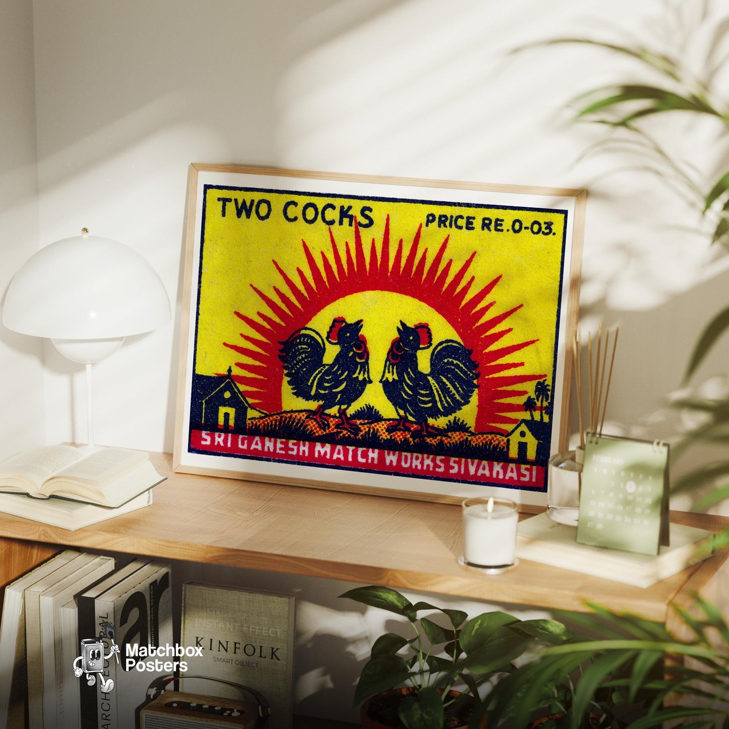 Two Roosters - vintage matchbox label print - office wall