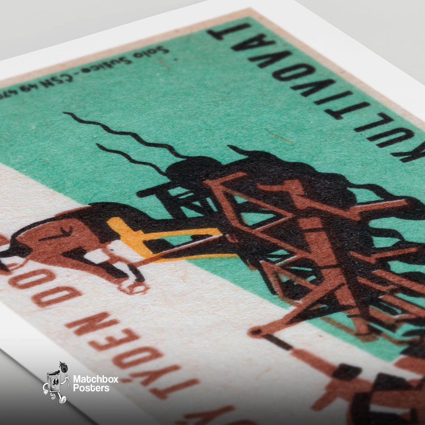 Tractor Ploughing - vintage matchbox label print - close-up detail