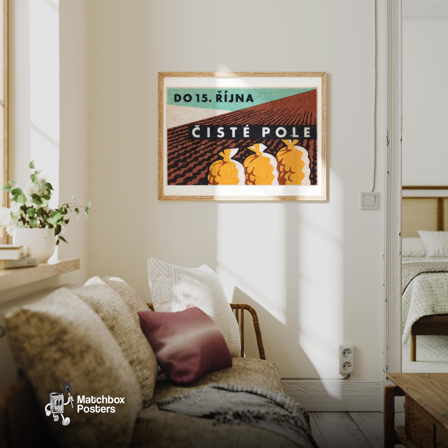 Harvested Potatoes in Sack - vintage matchbox label print - living room mockup