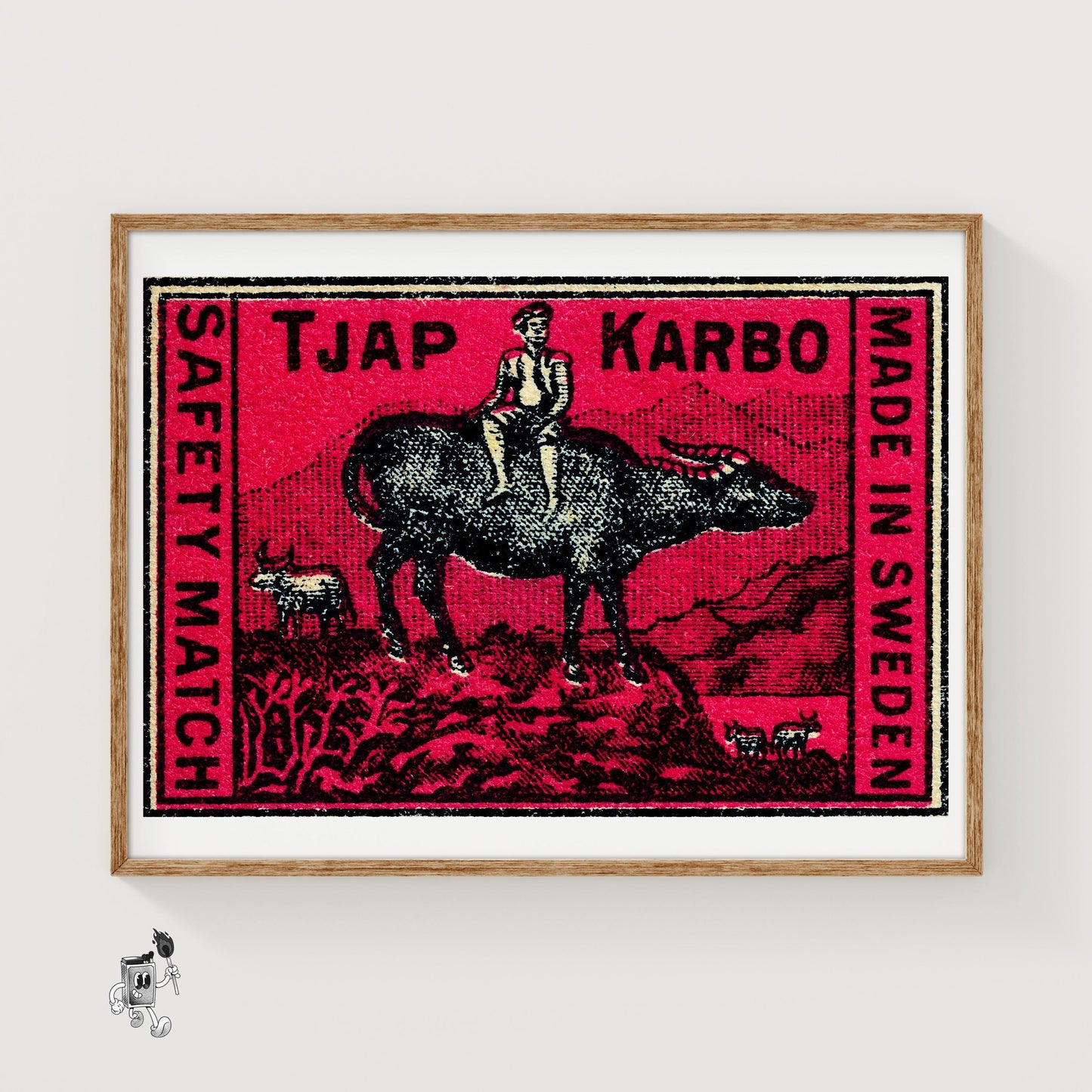 Farmer on Buffalo - vintage matchbox label print