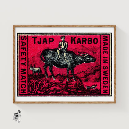 Farmer on Buffalo - vintage matchbox label print