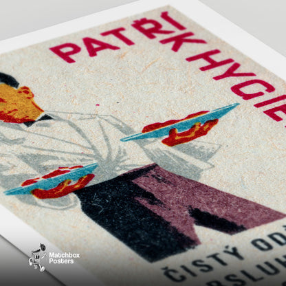 Waiter Holding Plates - vintage matchbox label print - close-up detail