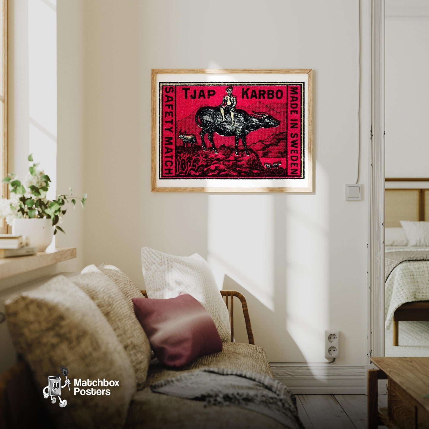 Farmer on Buffalo - vintage matchbox label print - living room mockup