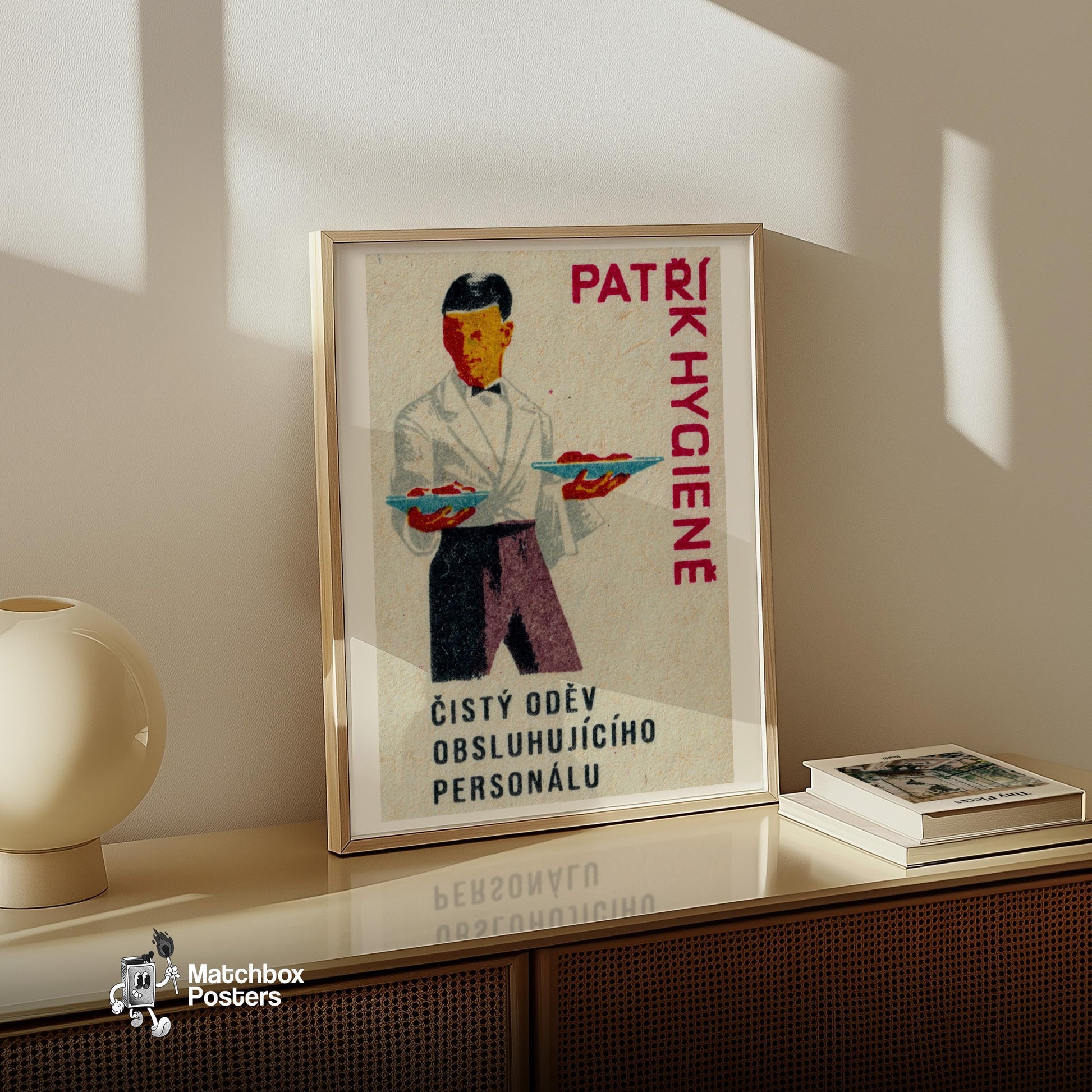 Waiter Holding Plates - vintage matchbox label print - size comparison