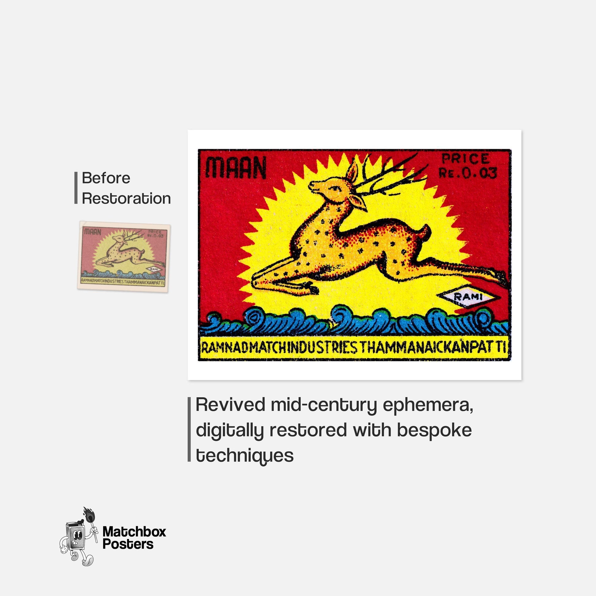 Leaping Deer - vintage matchbox label print - framed wall art preview
