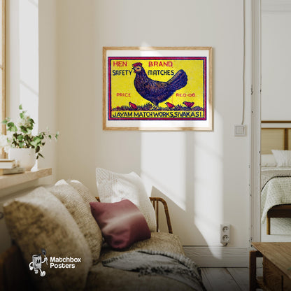Hen and Chicks - vintage matchbox label print - living room mockup