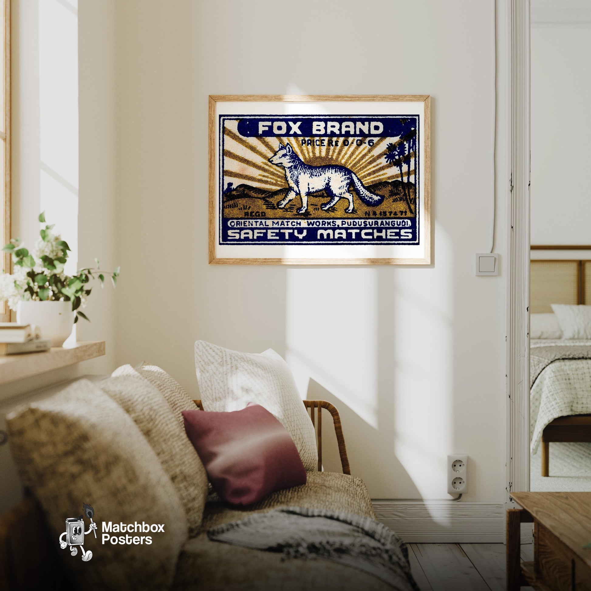 Fox - vintage matchbox label print - living room mockup