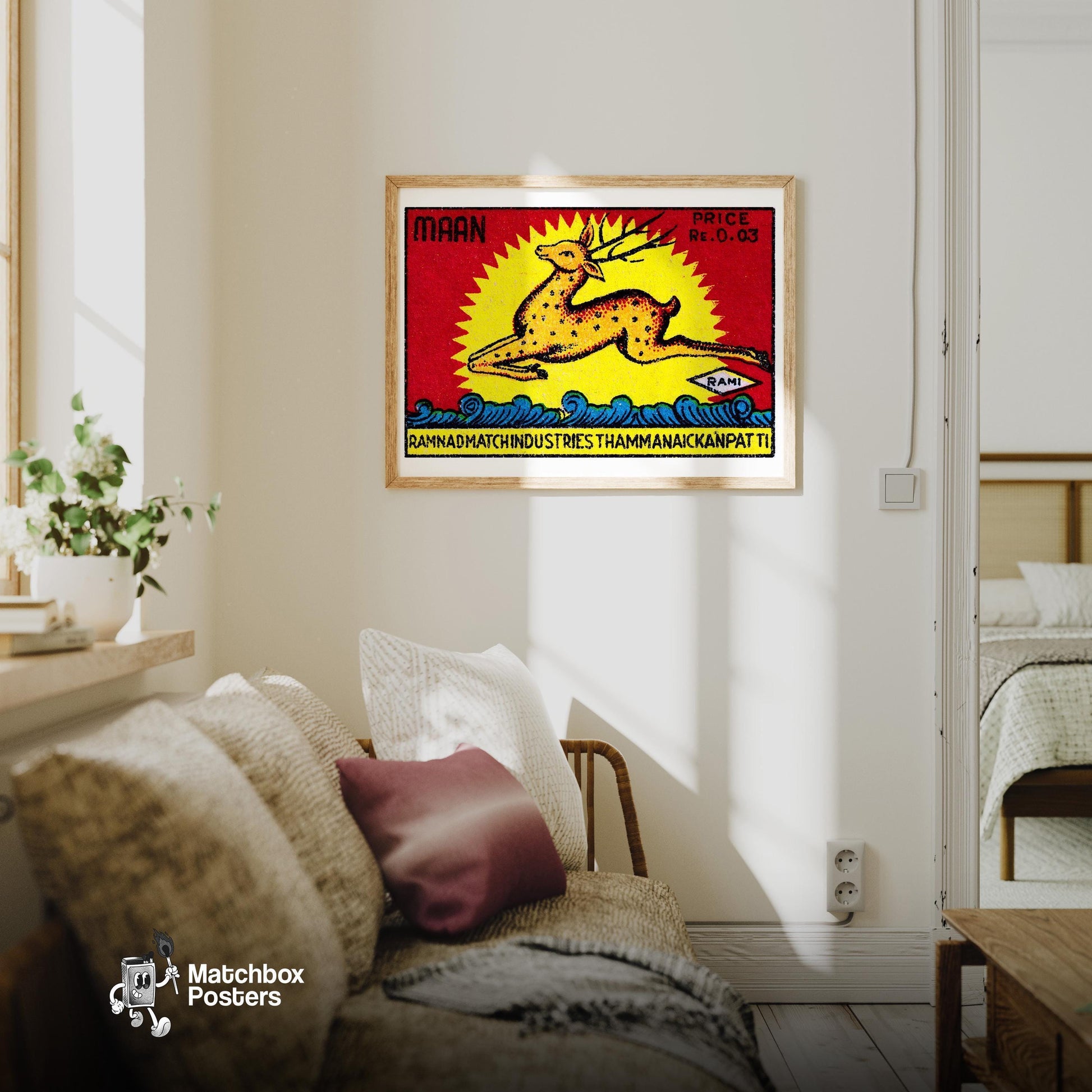 Leaping Deer - vintage matchbox label print - living room mockup