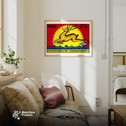 Leaping Deer - vintage matchbox label print - living room mockup