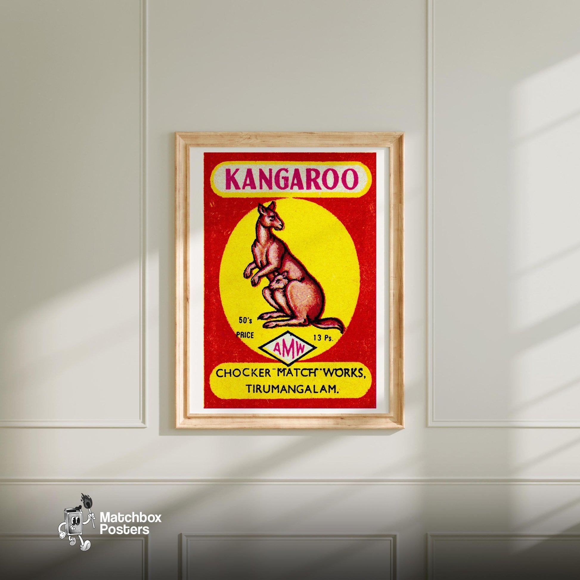 Kangaroo with Joey - vintage matchbox label print - bedroom mockup