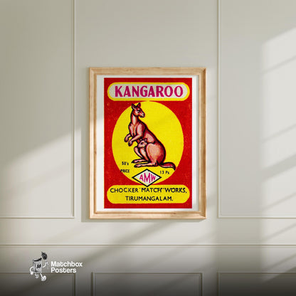 Kangaroo with Joey - vintage matchbox label print - bedroom mockup