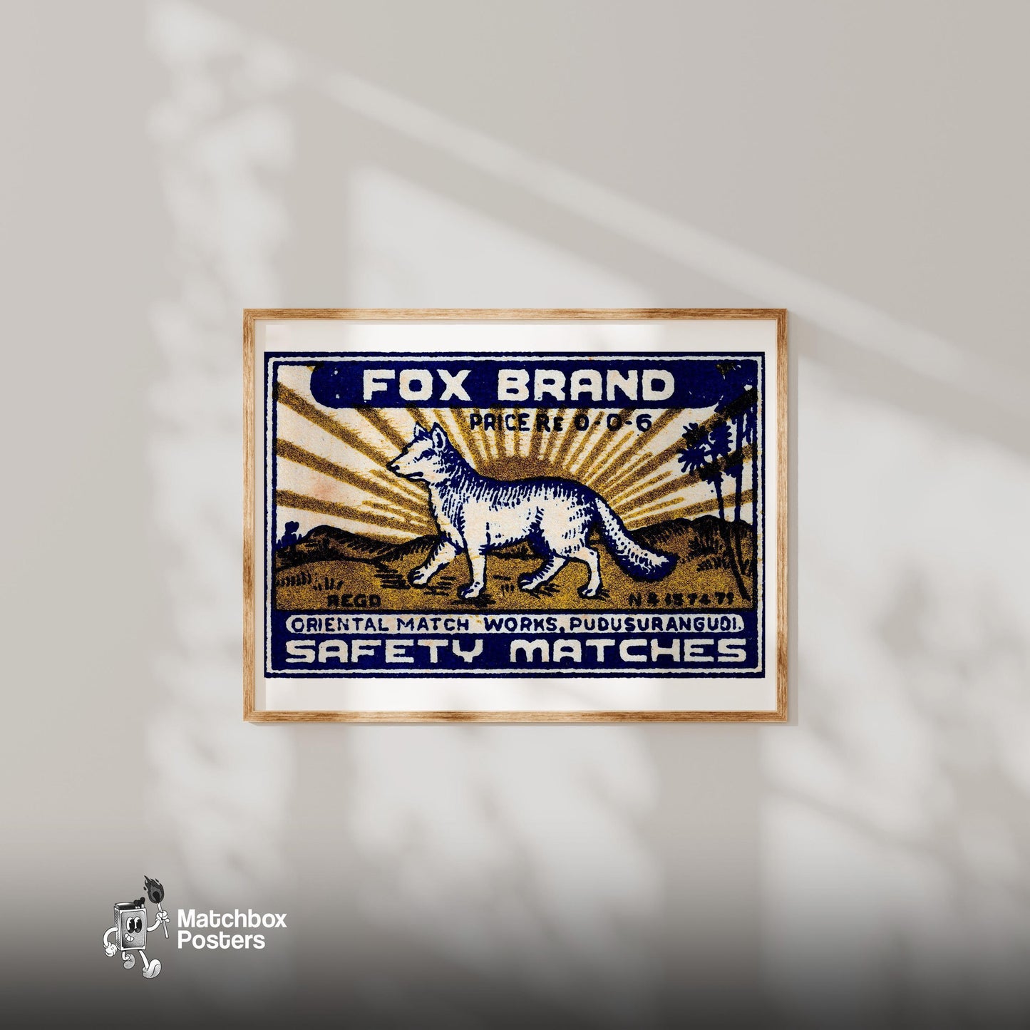 Fox - vintage matchbox label print - bedroom mockup