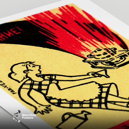 Woman Startled by Stove Fire - vintage matchbox label print - close-up detail
