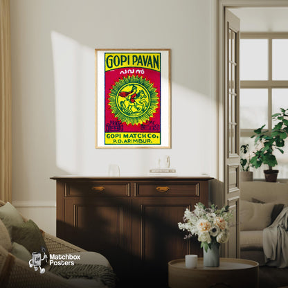 Indian Horse Warrior - vintage matchbox label print - living room mockup