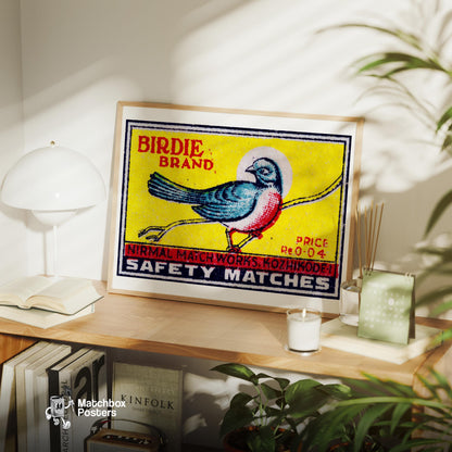 Red Chested Bird - vintage matchbox label print - office wall