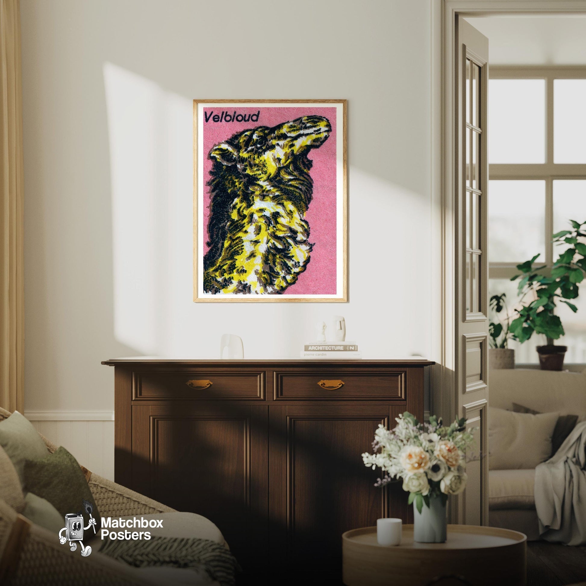 Camel Head - vintage matchbox label print - living room mockup