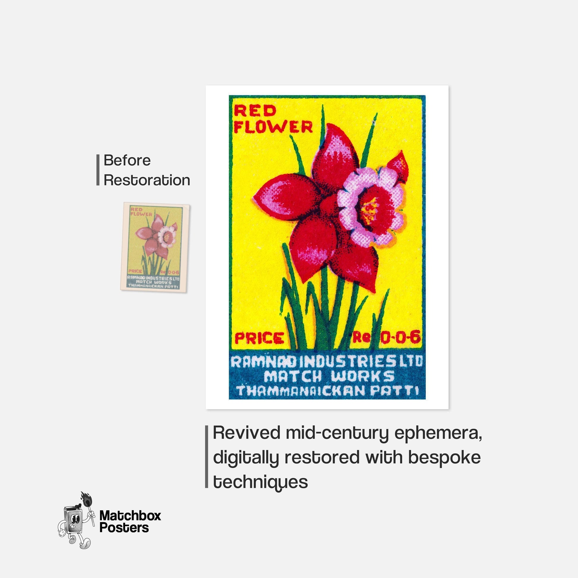 Red Tulip - vintage matchbox label print - framed wall art preview