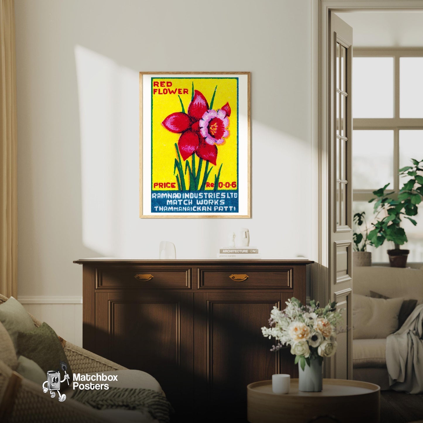 Red Tulip - vintage matchbox label print - living room mockup