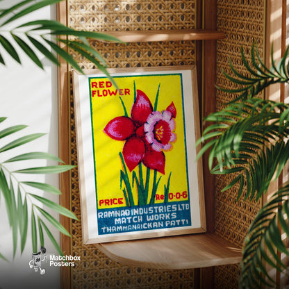 Red Tulip - vintage matchbox label print - office wall