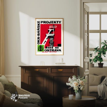 Stylized Industrial Building - vintage matchbox label print - living room mockup