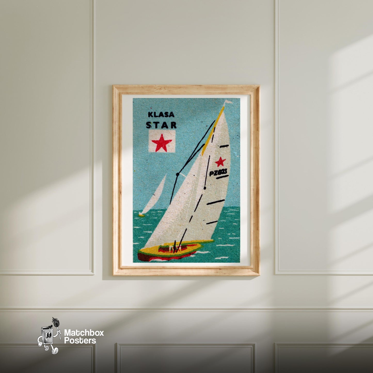 Sailboat with Red Star - vintage matchbox label print - bedroom mockup