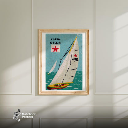 Sailboat with Red Star - vintage matchbox label print - bedroom mockup