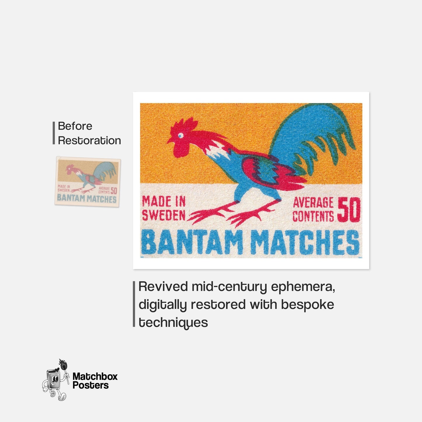 Colorful Rooster Illustration - vintage matchbox label print - framed wall art preview