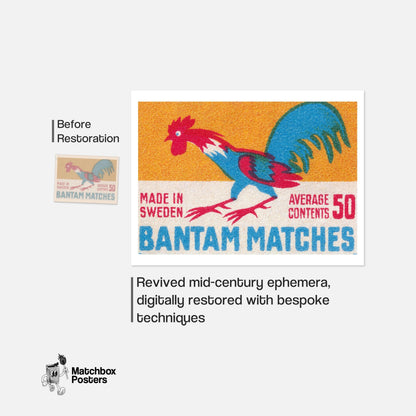 Colorful Rooster Illustration - vintage matchbox label print - framed wall art preview