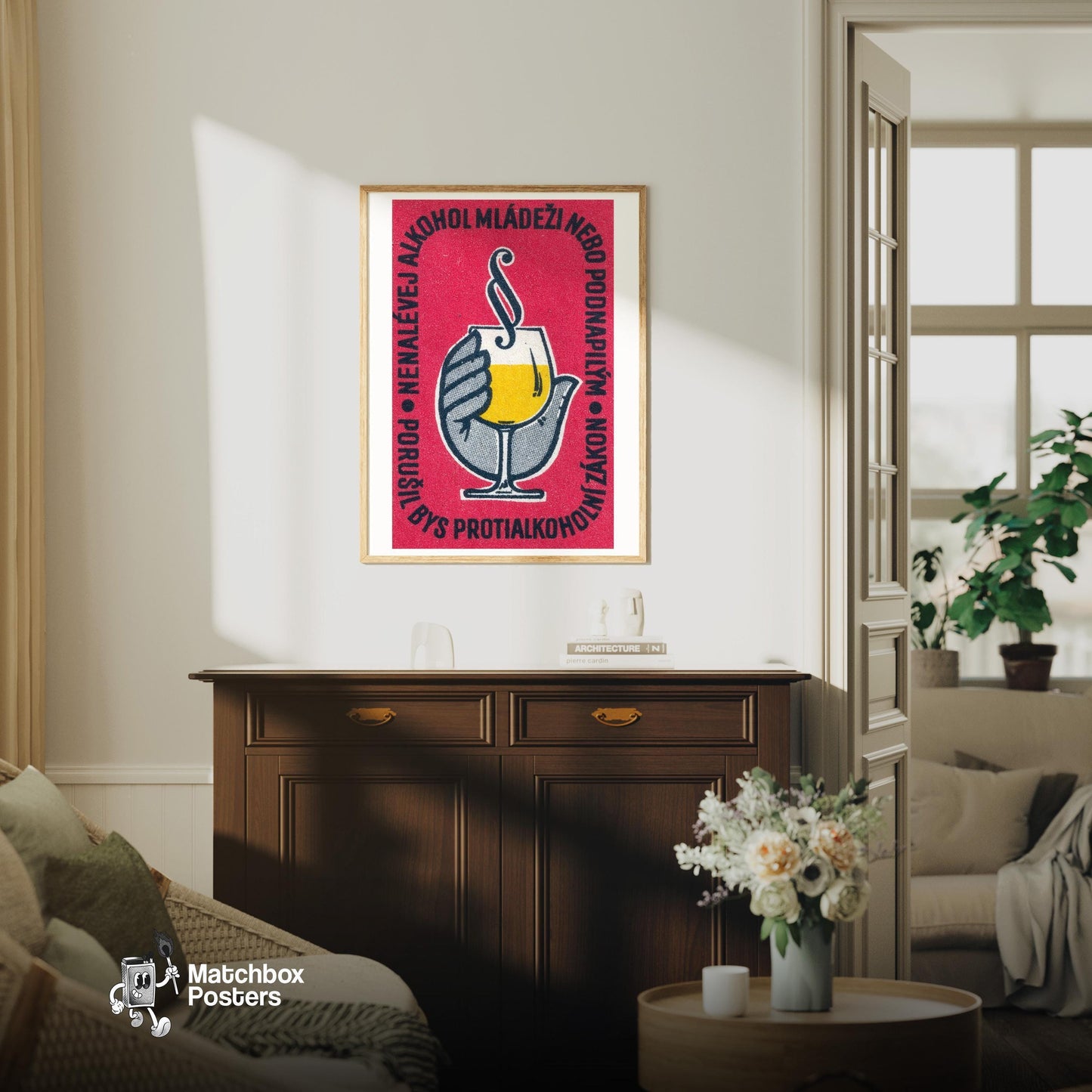 Glass of Wine - vintage matchbox label print - living room mockup