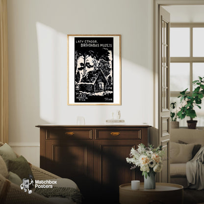 Black Log Cabin - vintage matchbox label print - living room mockup