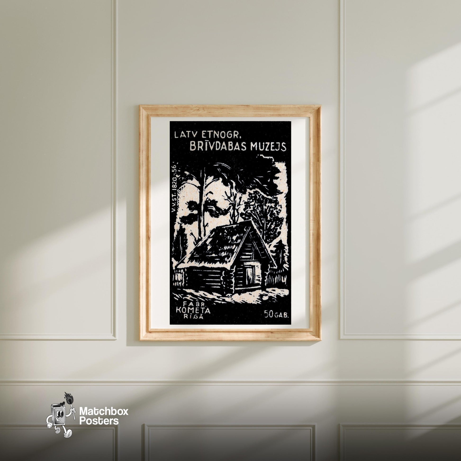 Black Log Cabin - vintage matchbox label print - bedroom mockup