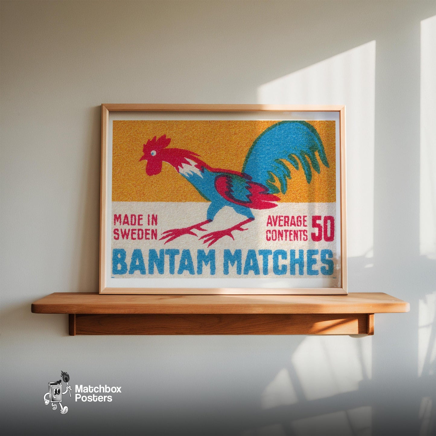 Colorful Rooster Illustration - vintage matchbox label print - size comparison