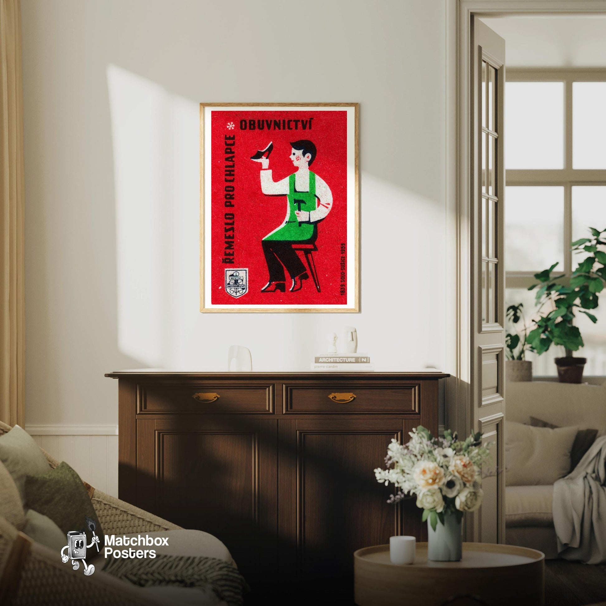 Shoe Maker - vintage matchbox label print - living room mockup