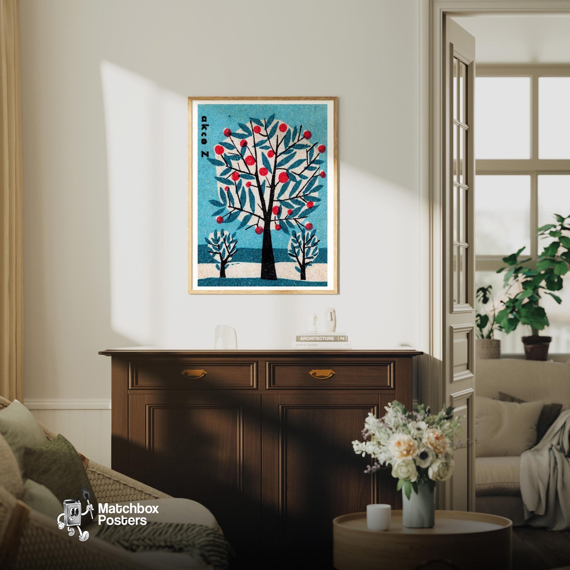 Stylized Tree - vintage matchbox label print - living room mockup