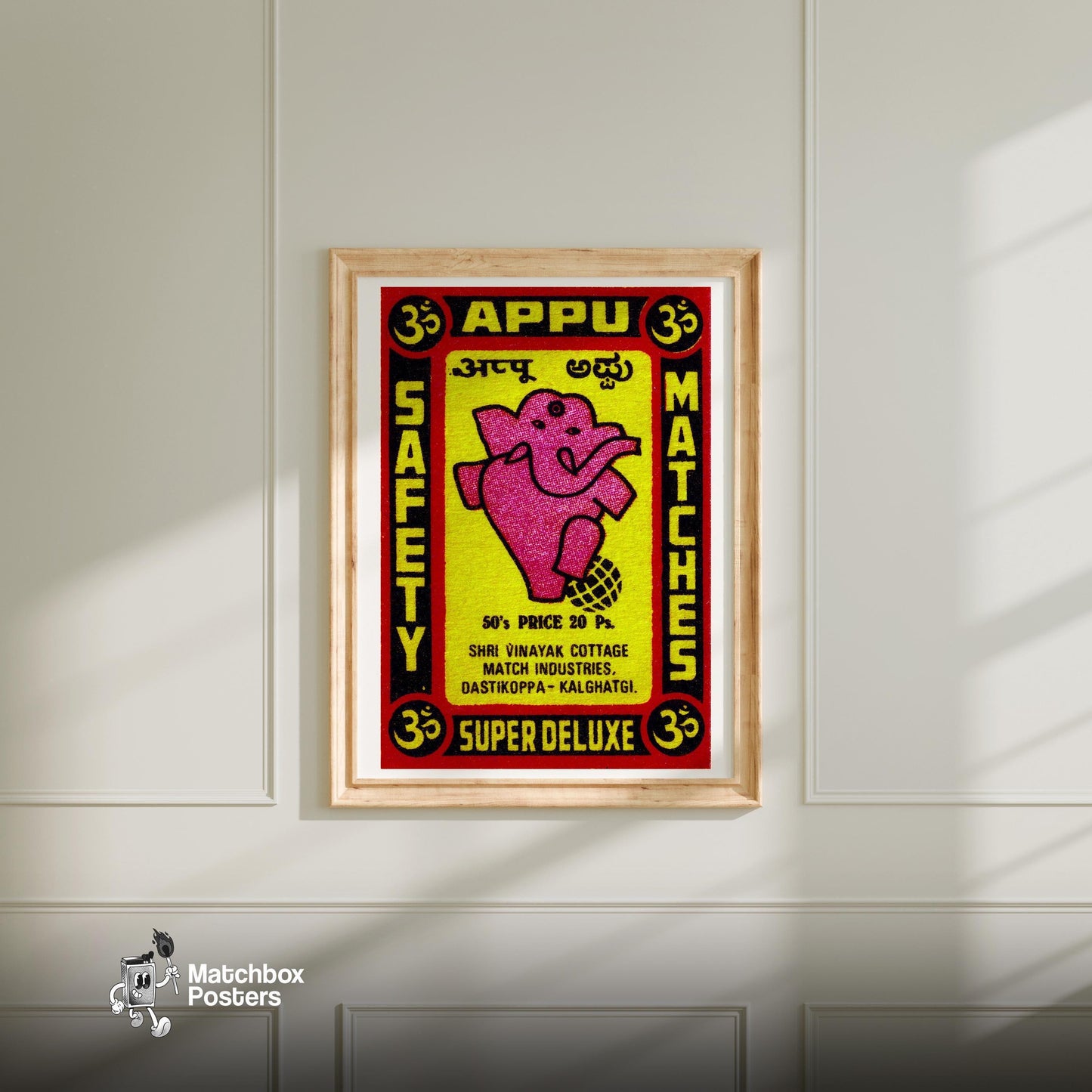 Pink Ganesha - vintage matchbox label print - bedroom mockup