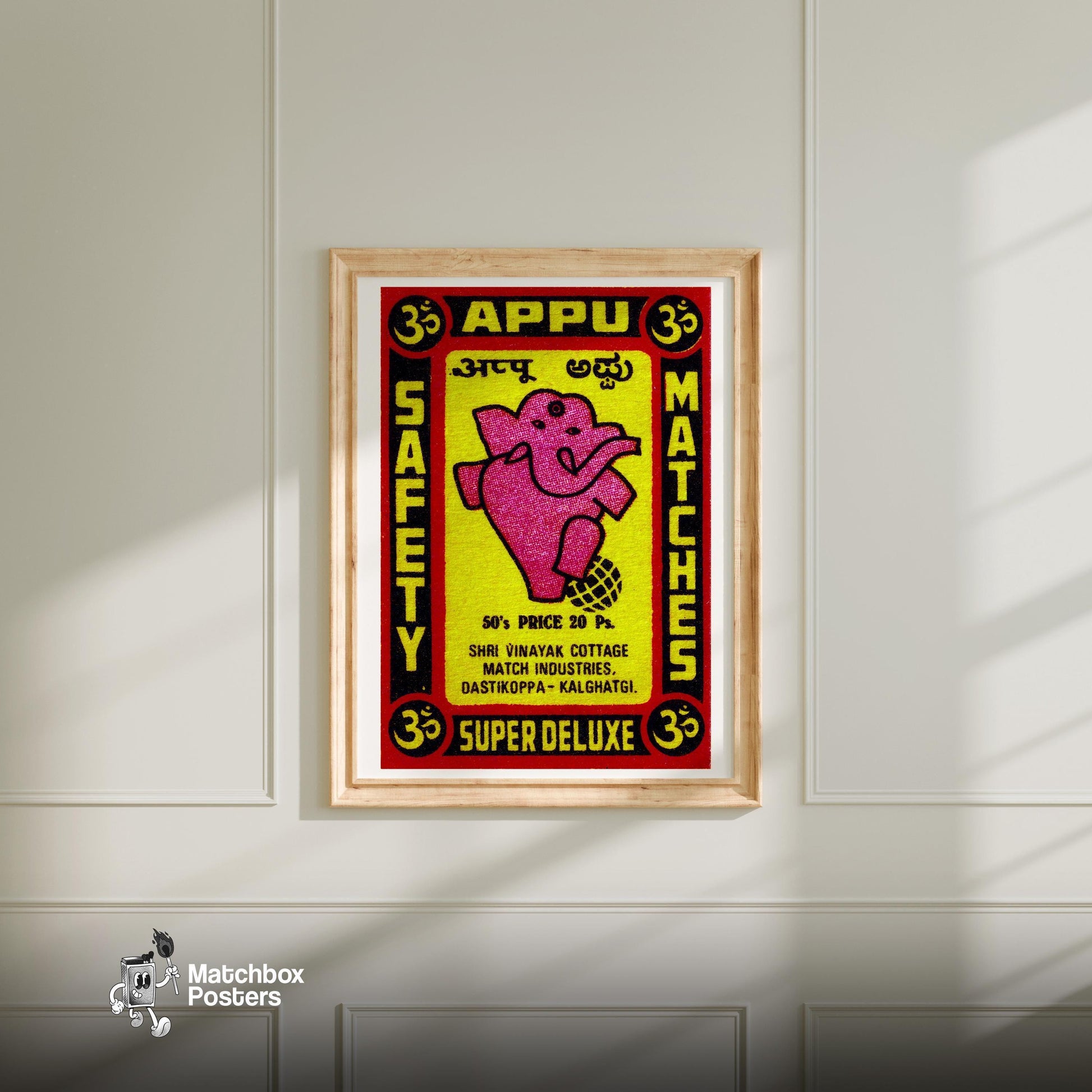 Pink Ganesha - vintage matchbox label print - bedroom mockup