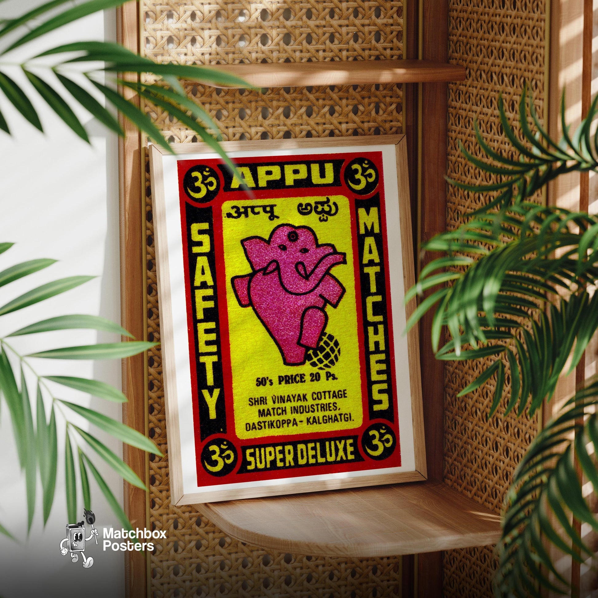 Pink Ganesha - vintage matchbox label print - office wall