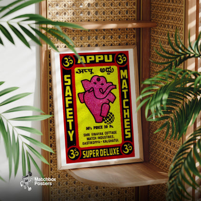 Pink Ganesha - vintage matchbox label print - office wall